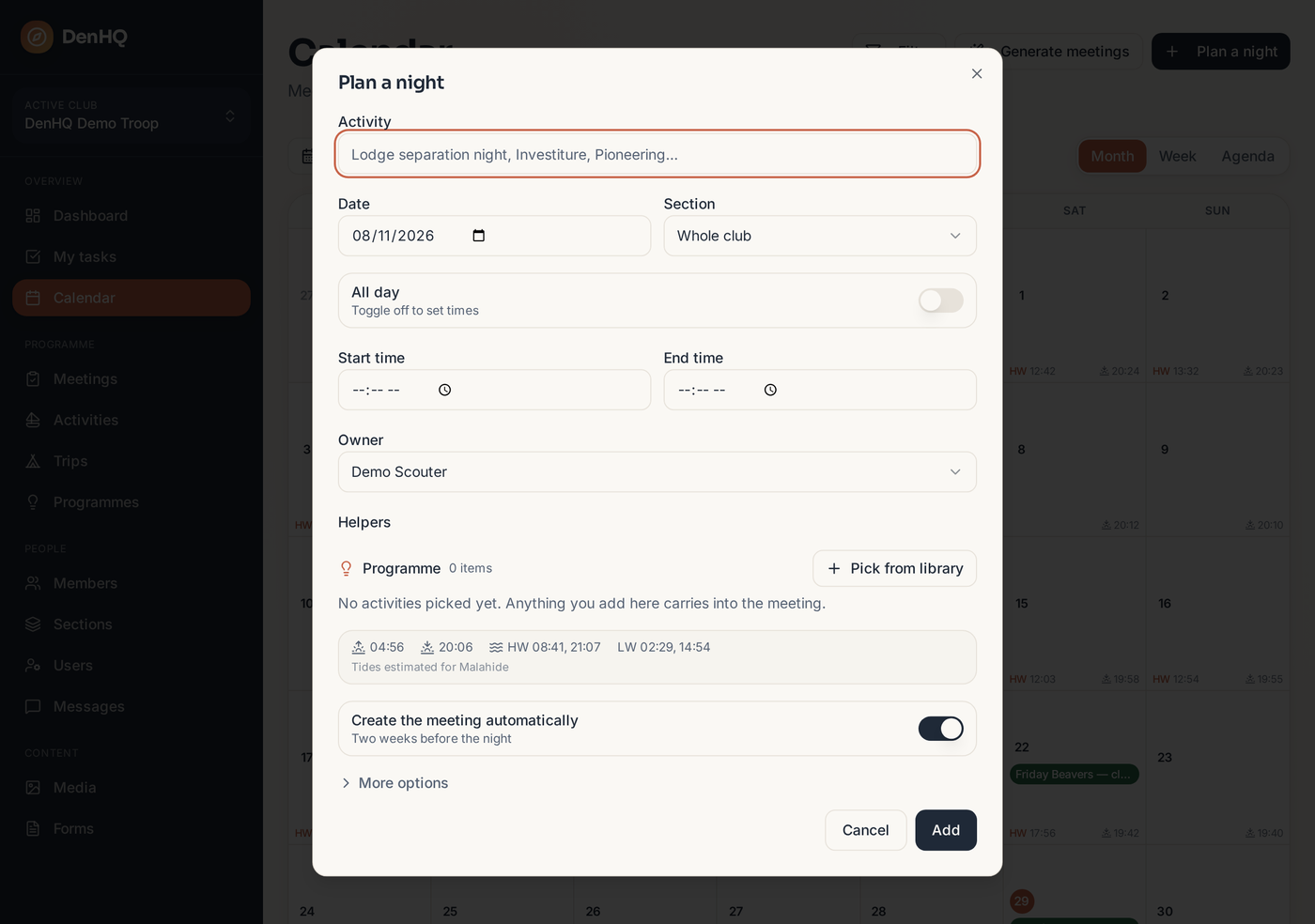 The Plan a night dialog with activity, date, section, times and owner