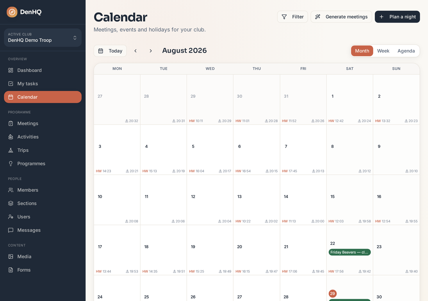 The calendar month view with events, sunset and tide times