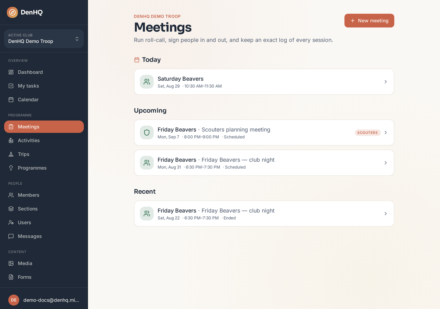 The Meetings page listing today's, upcoming and recent meetings