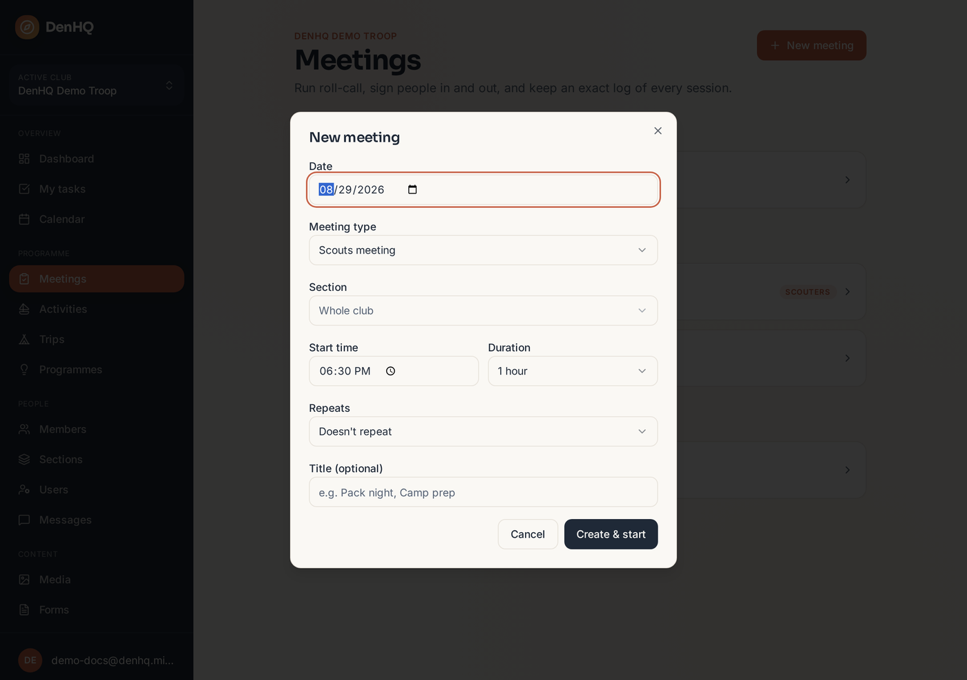 The new meeting dialog
