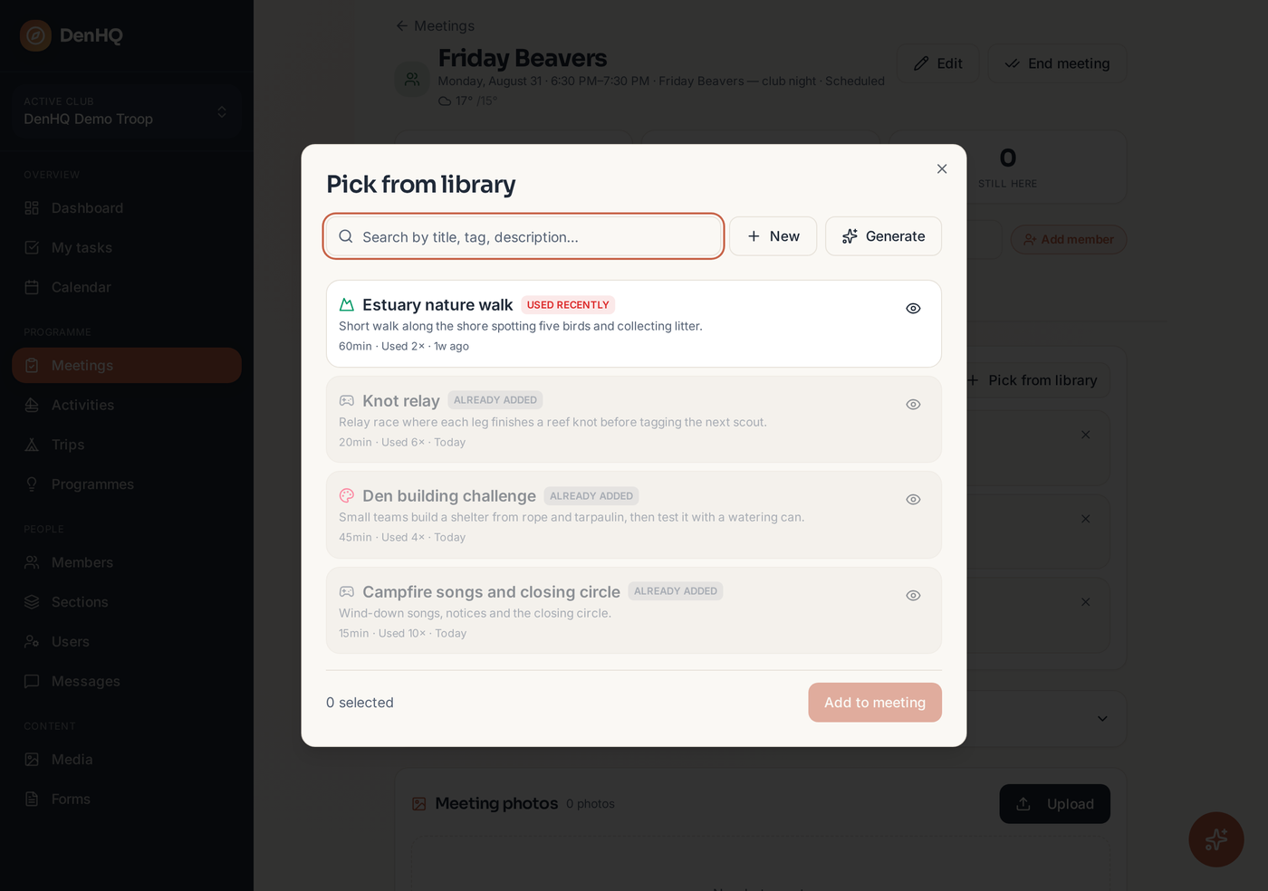 The programme picker dialog listing activities with usage information