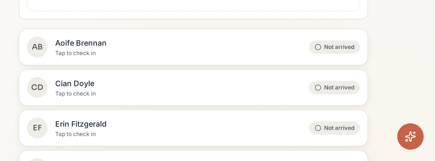 Member rows showing the tap to check in control