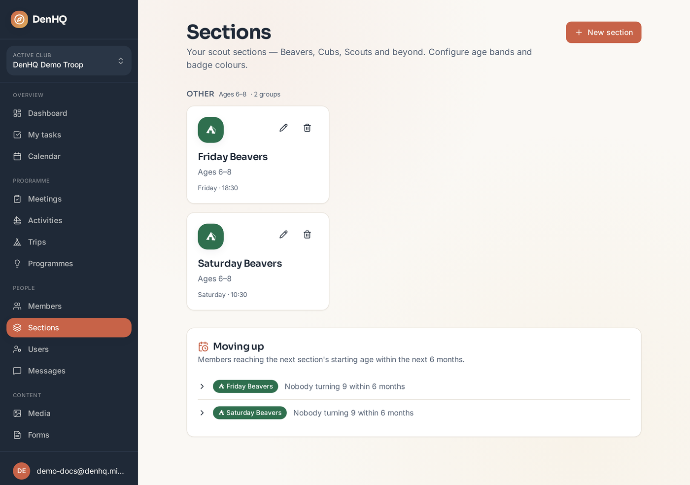 The Sections page with section groups