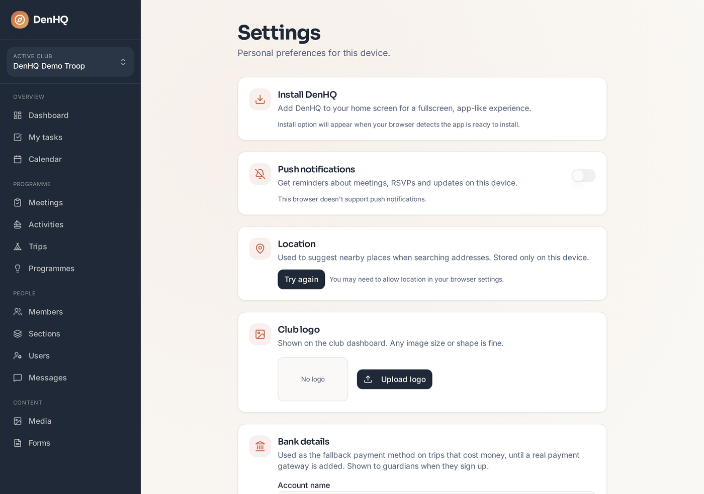 The Settings page with the Push notifications card visible