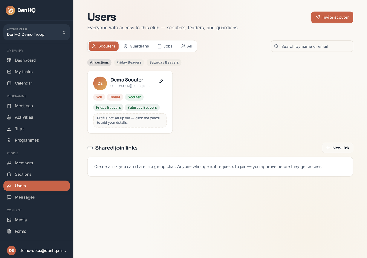 The Users page where the Jobs tab lives